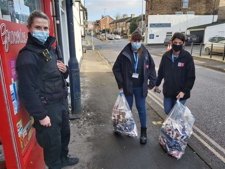 English female police officers in plain clothes from Maidstone found £20,000 worth of illegal cigarettes in an Express shop